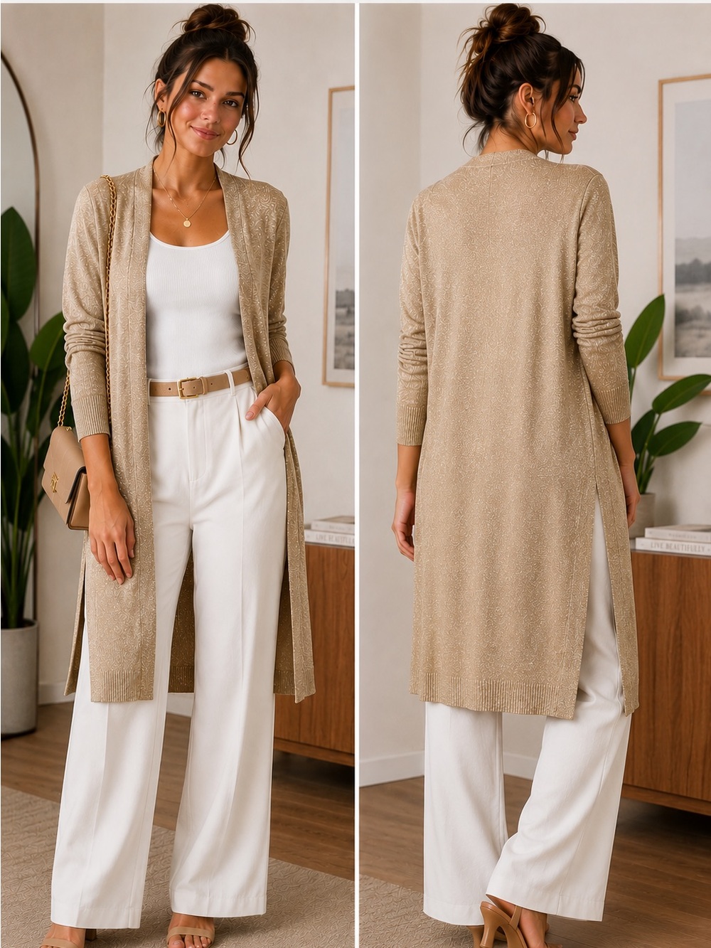 Michael Michael Kors Gold Metallic Sheer Lightweight Longline Duster Cardigan